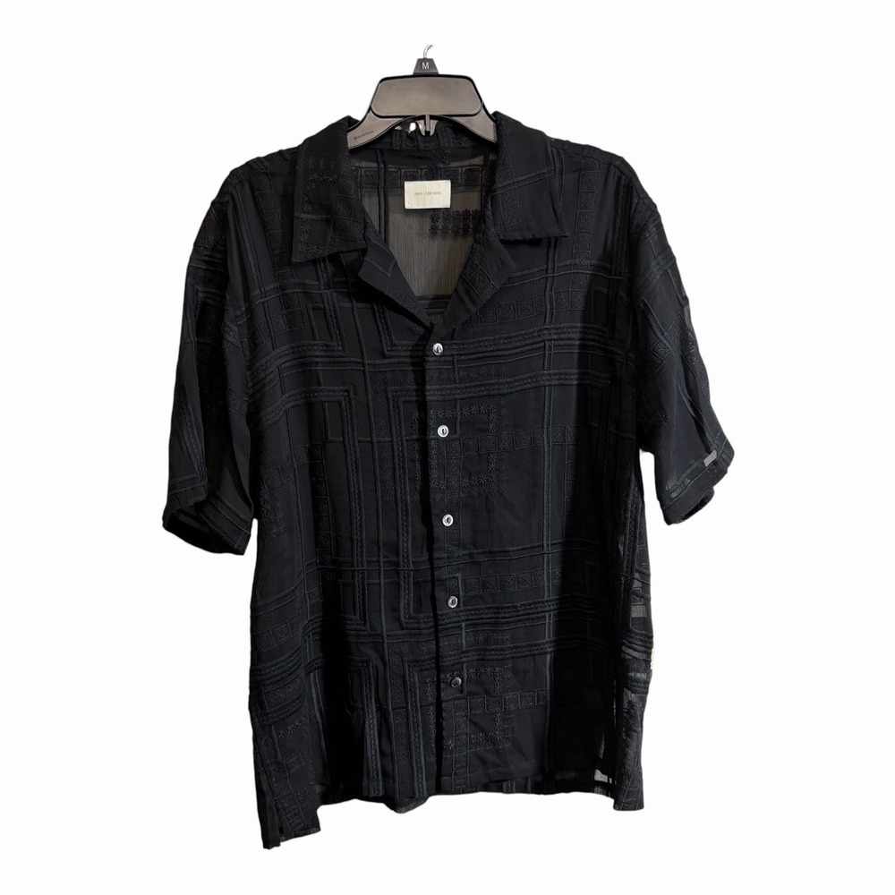 Aime Leon Dore Sz L Black Button Short Sleeve Camp Shirt Black Embroidered Sheer